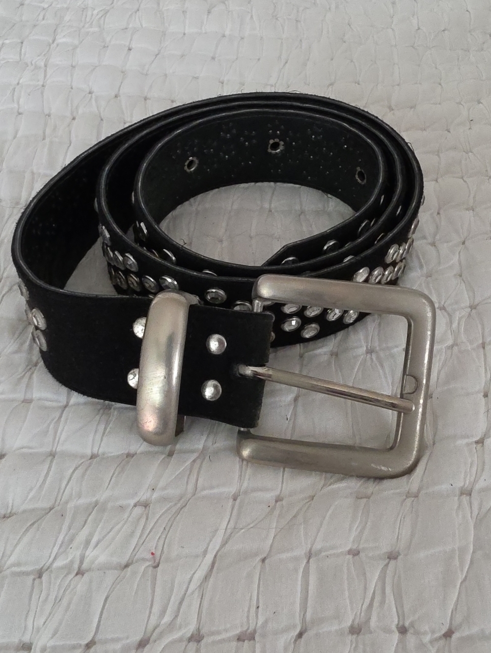 Studded Black Leather Womens Belt with Silver Buckle